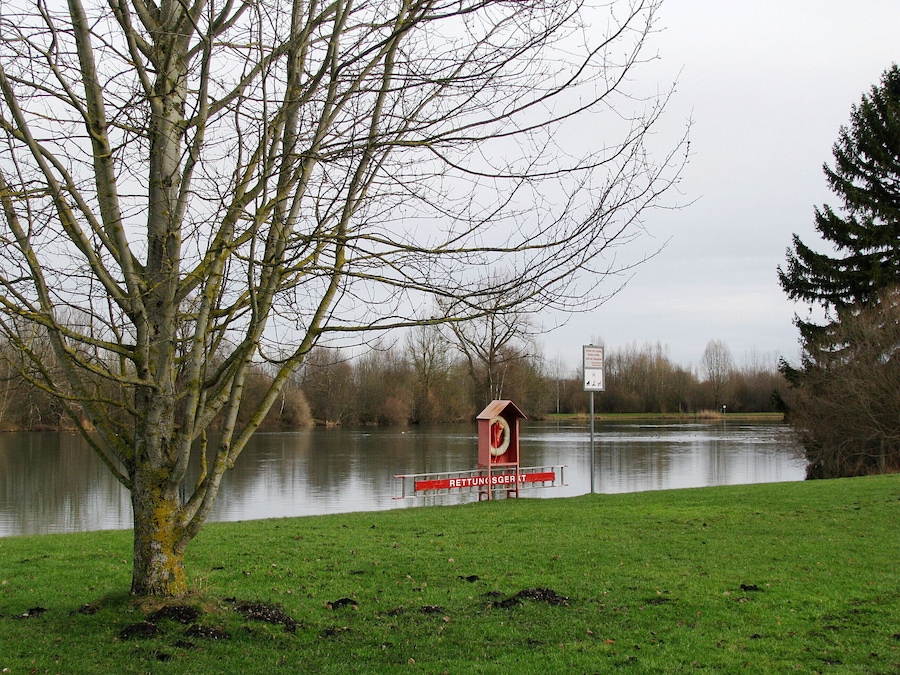 Un lago con un banco y un cartel cerca de la orilla.