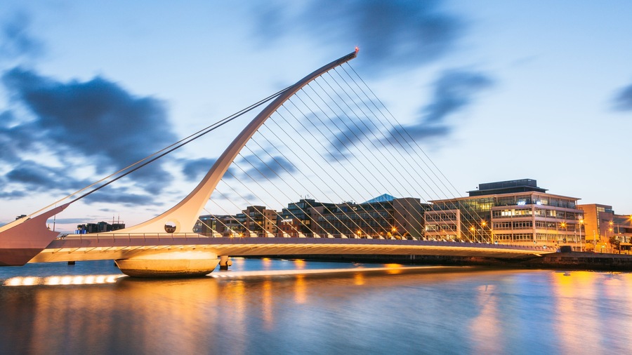 Dublin showing a river or creek, a sunset and modern architecture