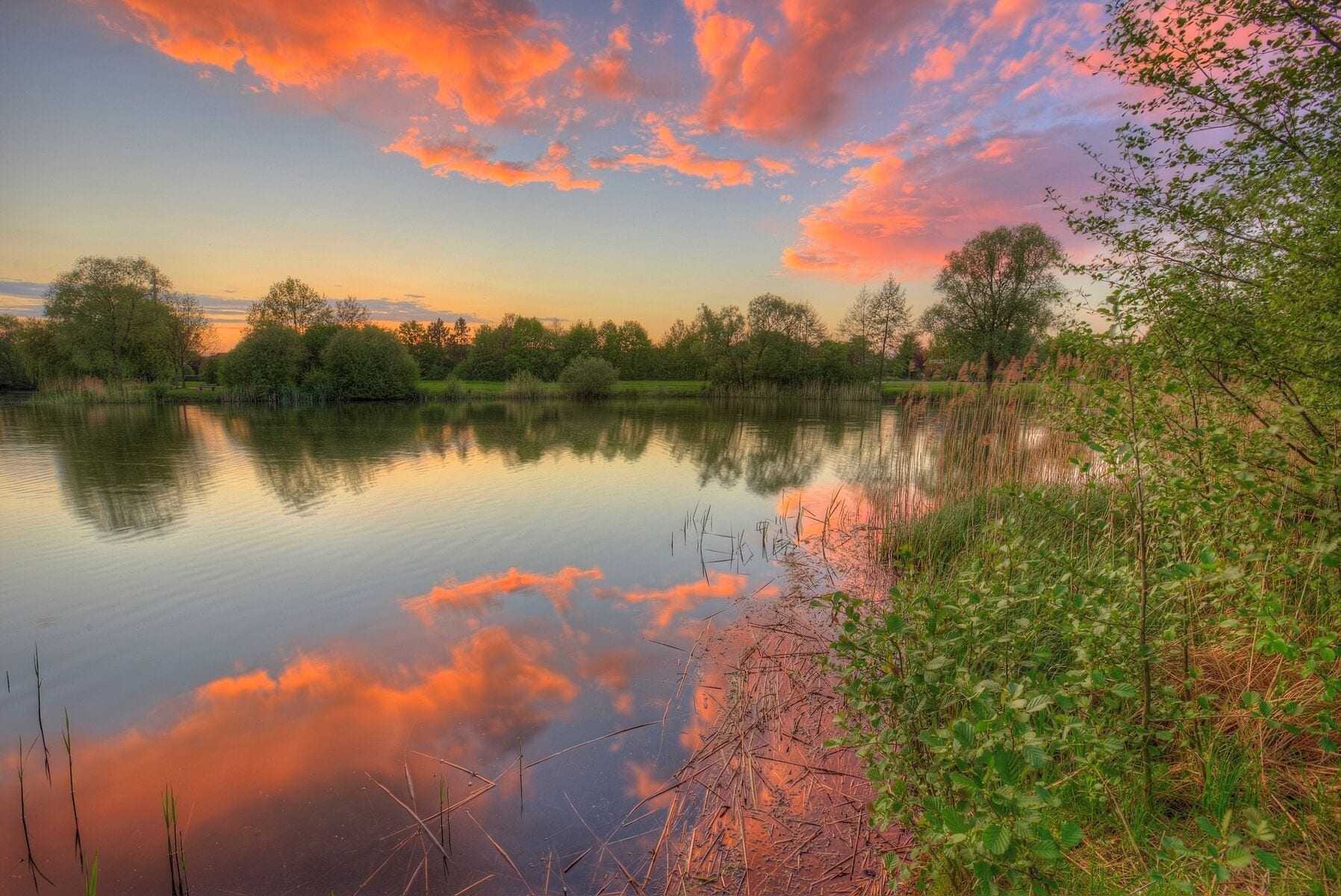 Sunset over the Thielenburger Lake in Dannenberg, in Lower Saxony (Germany).