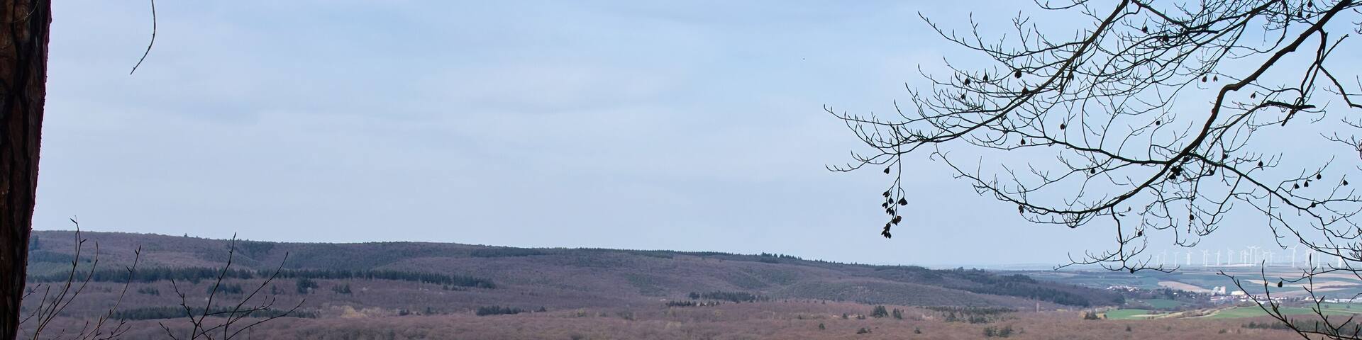 Sun shining on houses with red roofs in a small German village on a sunny spring day with fields and hills in the distance.