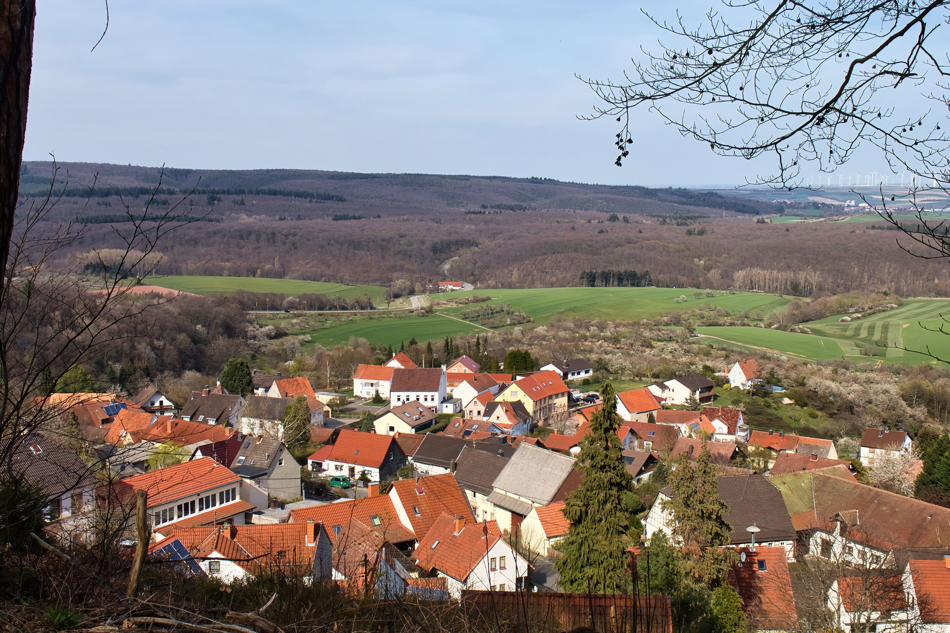 A village with red-roofed houses, green fields, and a distant hill.