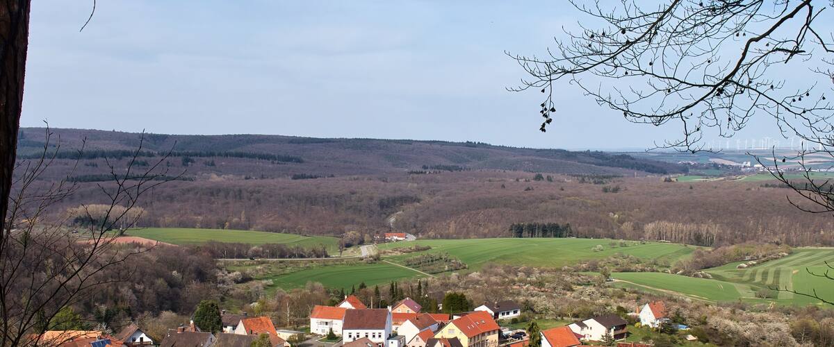 A village with red-roofed houses, green fields, and a distant hill.