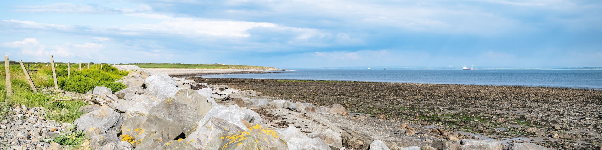 A rocky shoreline with large boulders and sparse vegetation.