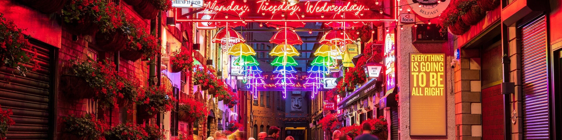Cathedral Quarter showing night scenes and street scenes as well as a small group of people