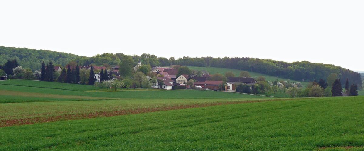 A rural landscape with rolling hills, green fields, and a cluster of houses with red roofs.