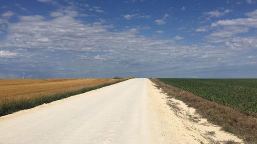 Peaceful country in western Kansas. Limestone roads with golden wheat on one side and green corn on the other.