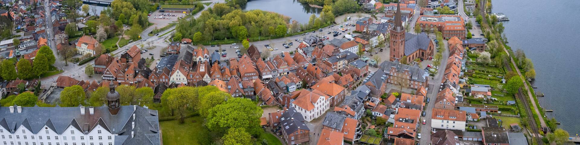 Aerial view around the old town of Eutin in north Germany on a cloudy autumn day