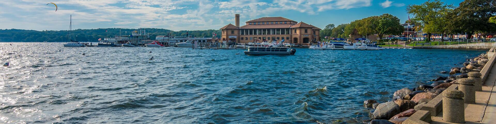 Riviera shops and boat house view in Geneva Town of Wisconsin