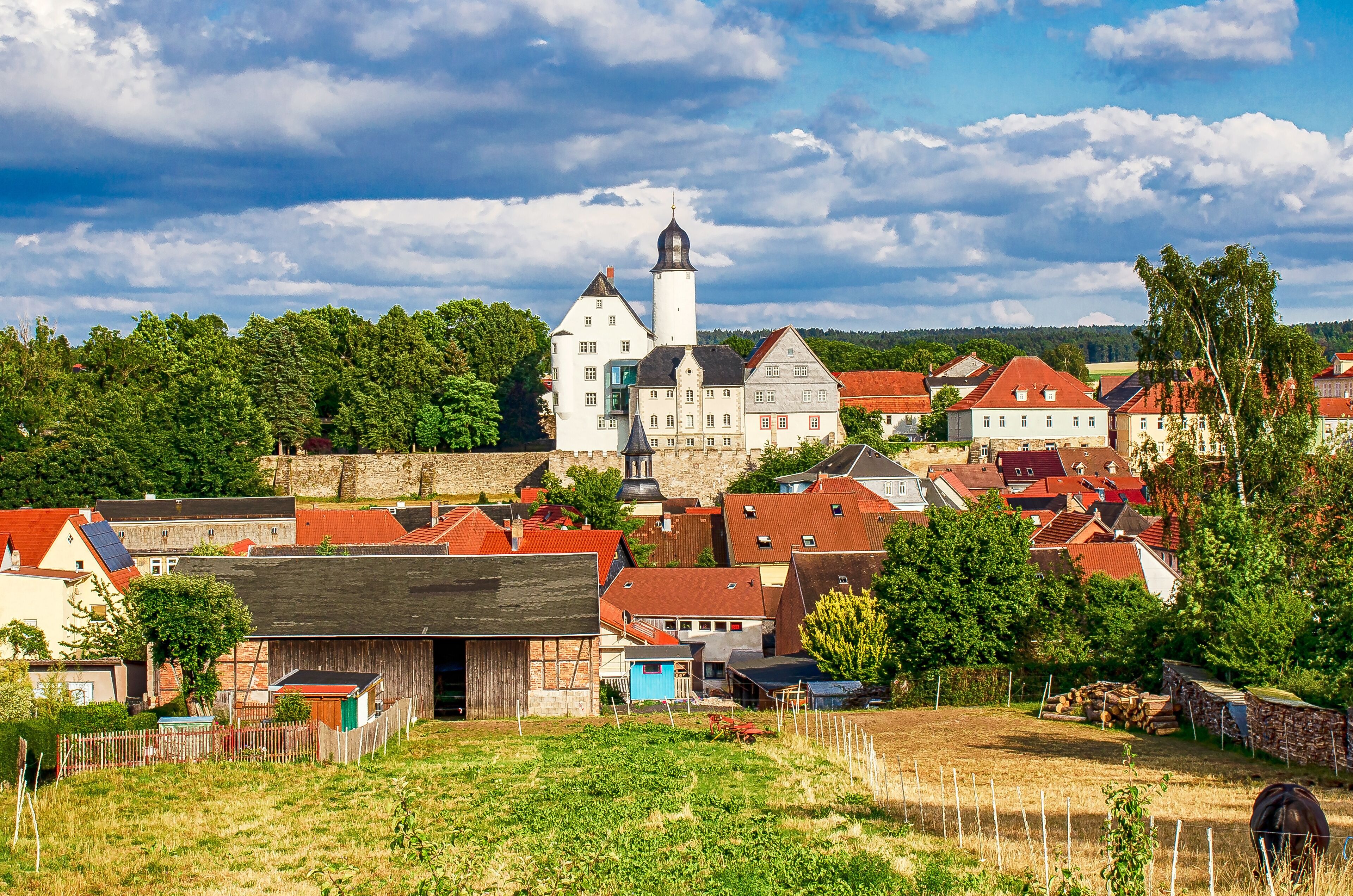 A historic town with a prominent white church, red-roofed houses, and lush greenery.