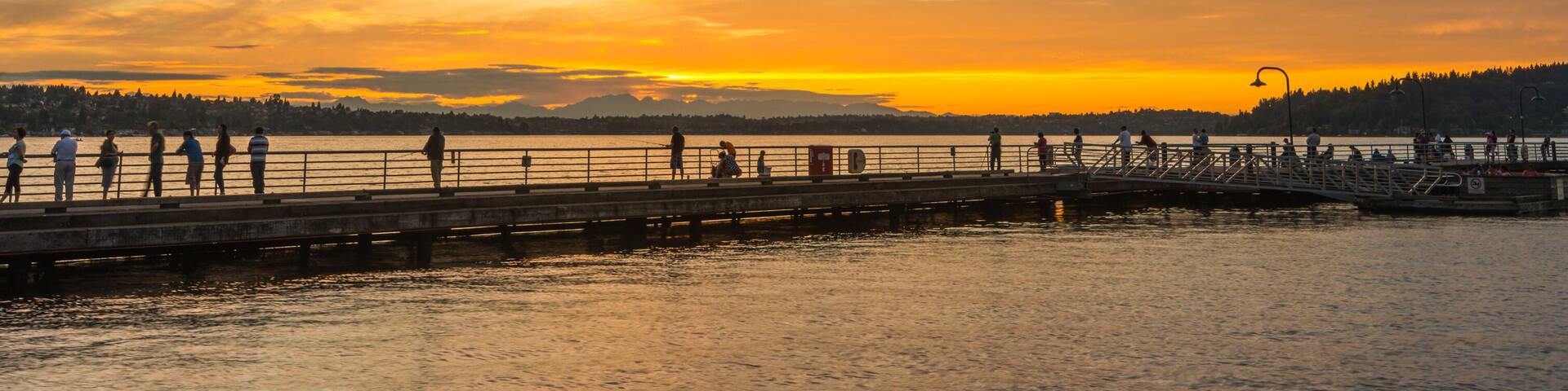 scene of walk way on the lake when sunset in Gene Coulon Memorial Beach Park,Renton,Washington,usa.
