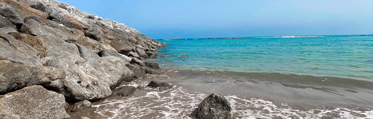 Una costa rocosa con olas rompiendo en la orilla bajo un cielo azul despejado.