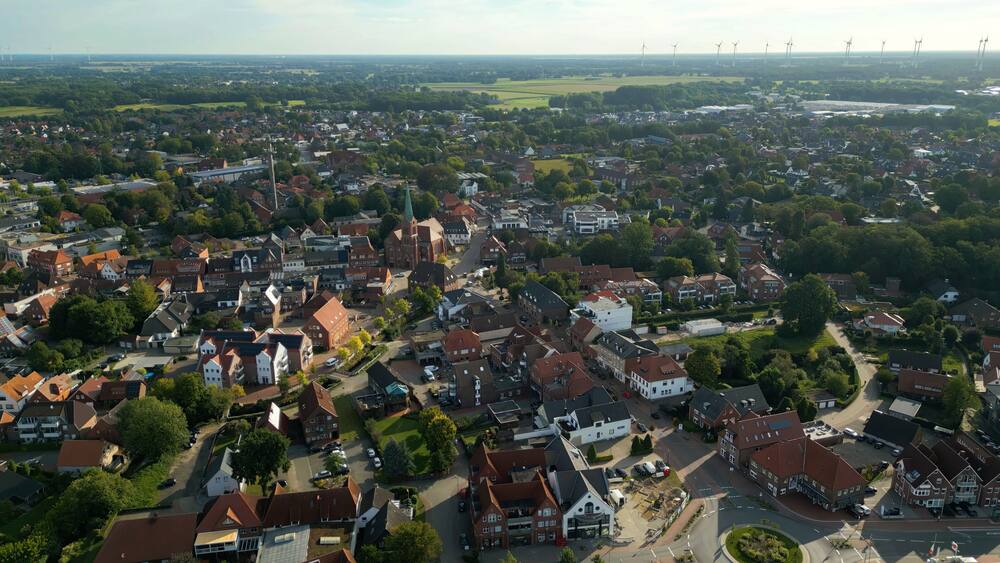 Aerial view of the old town of the city Friesoythe in Germany on an overcast day in morning