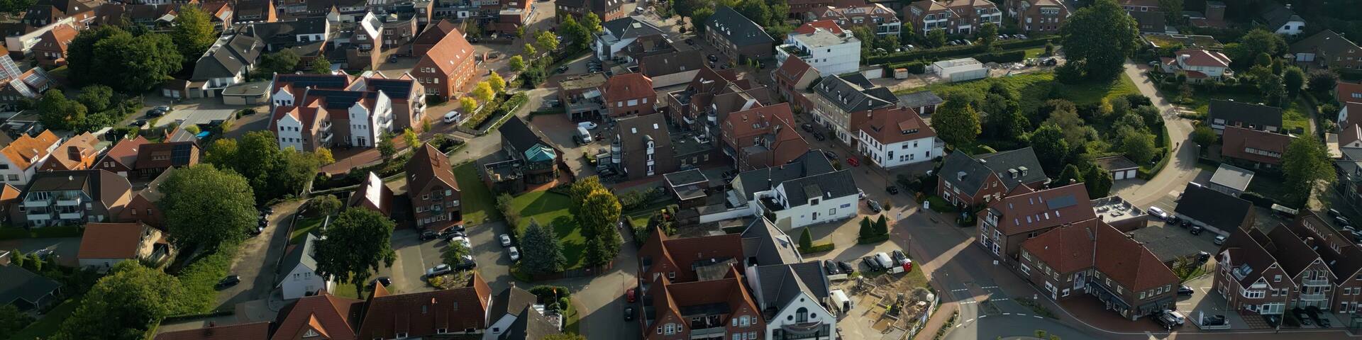 Aerial view of the old town of the city Friesoythe in Germany on an overcast day in morning