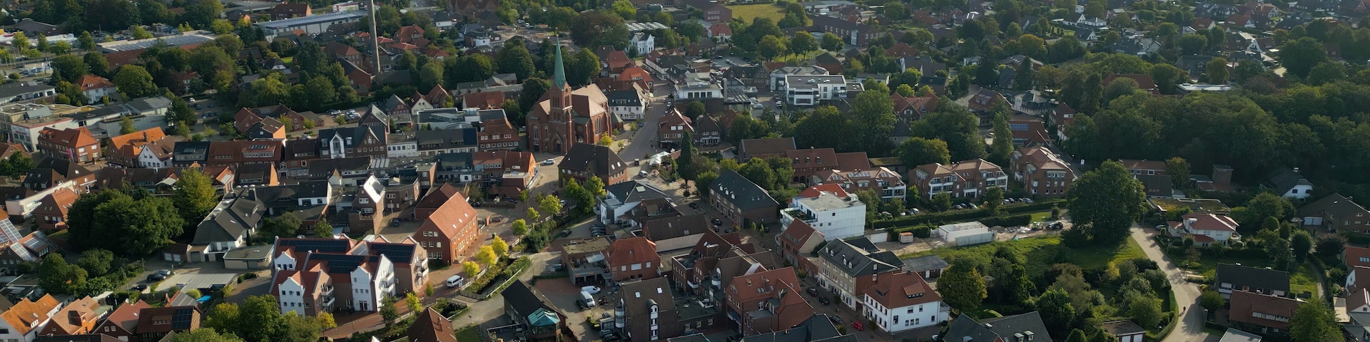 Aerial view of the old town of the city Friesoythe in Germany on an overcast day in morning
