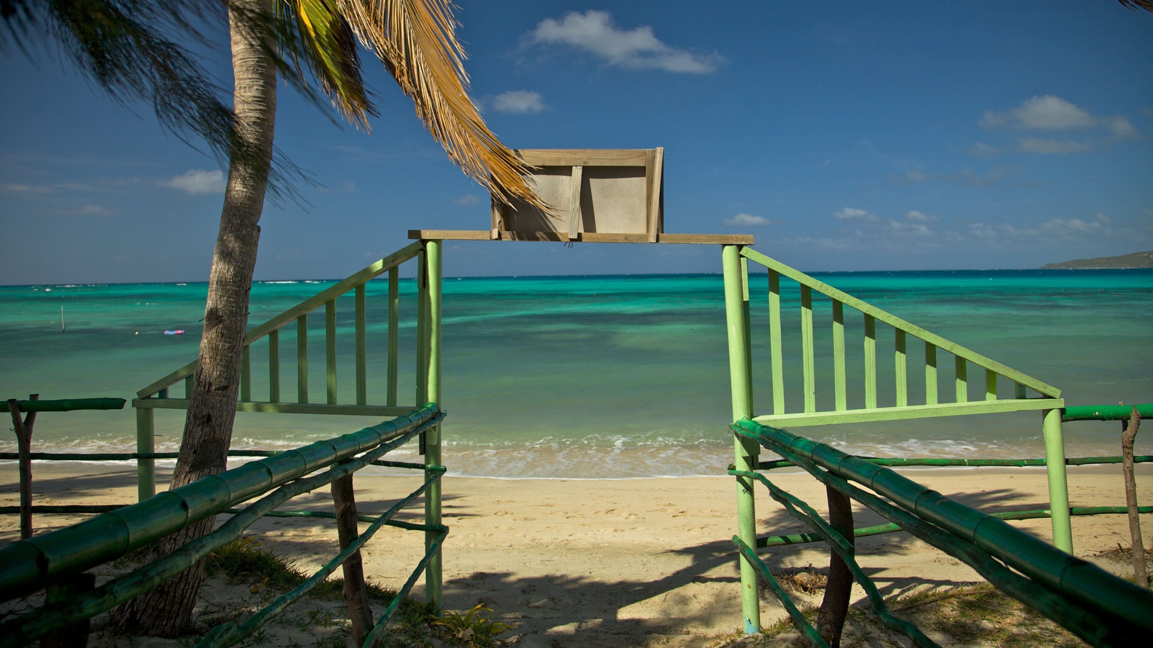 Una playa con aguas turquesas, una palmera y una estructura de madera con escaleras que llevan a una plataforma.