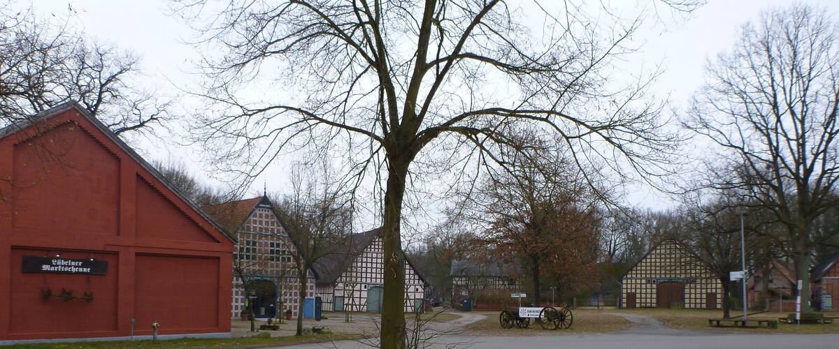 A rural village with traditional half-timbered houses, a red barn, and a tree in the foreground.