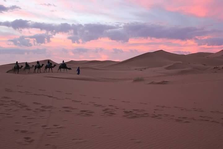 A group of people riding camels across a desert landscape during sunset.