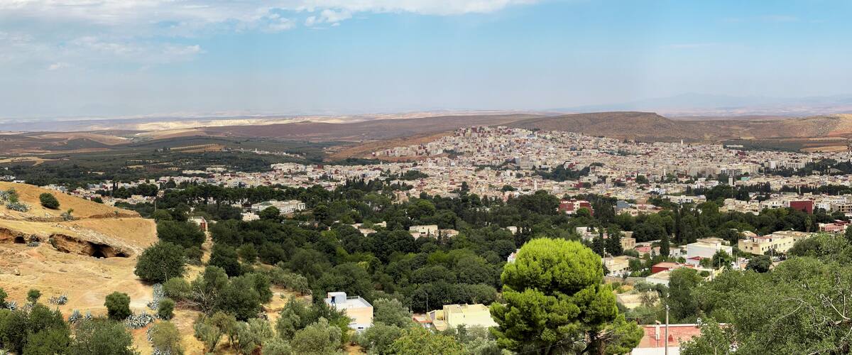 A cityscape with a dense urban area surrounded by hills and sparse vegetation.