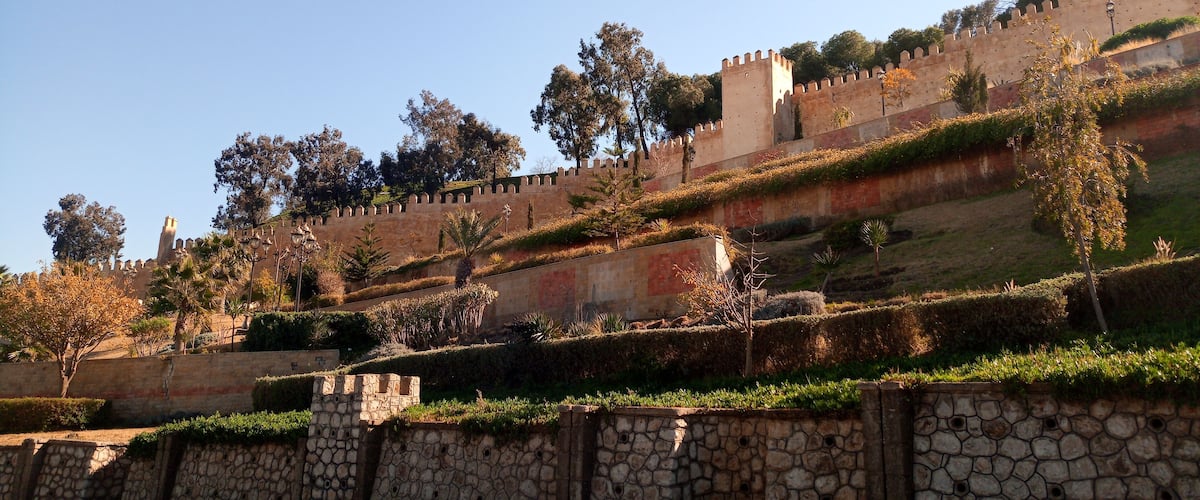 A historic stone wall with battlements, a clear blue sky, and trees in the background.