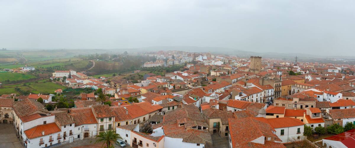 A historic town with red-tiled roofs, a prominent castle, and surrounding green fields.