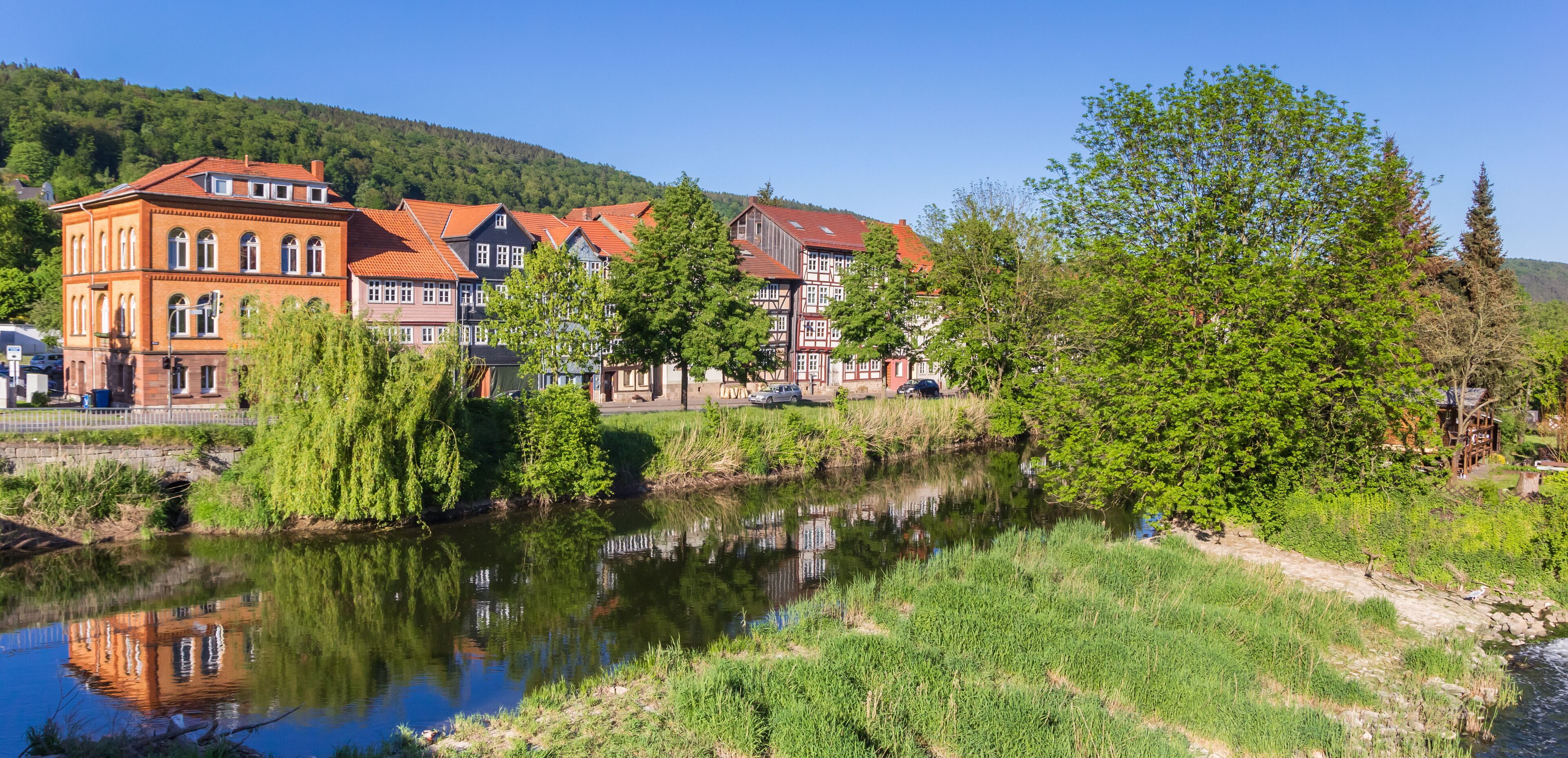 Werra river and old houses in Hann. Munden, Germany