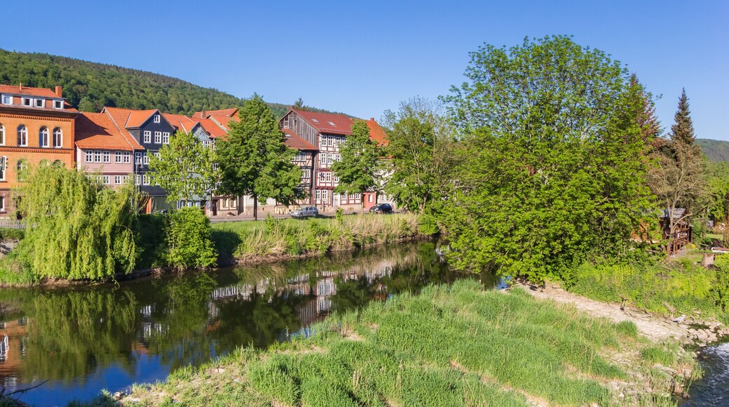 Werra river and old houses in Hann. Munden, Germany