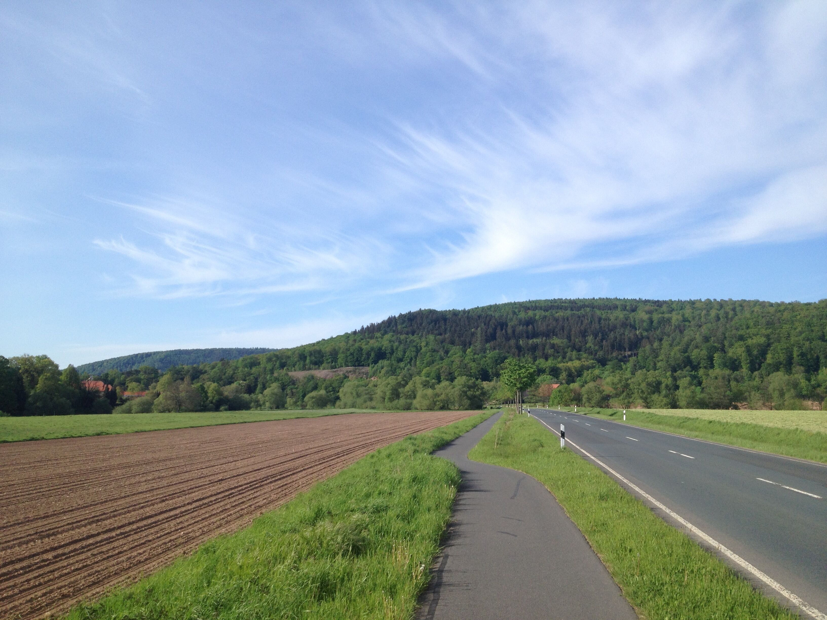 Der Weser-Radweg zwischen Hann. M ünden und Oberweser an der L 561. In der Verlängerung der Straße sind die Dächer des Eichhofes zu erkennen, etwas weiter links die Kiesgrube und ganz links die Dächer des Gutes Hilwartshausen
