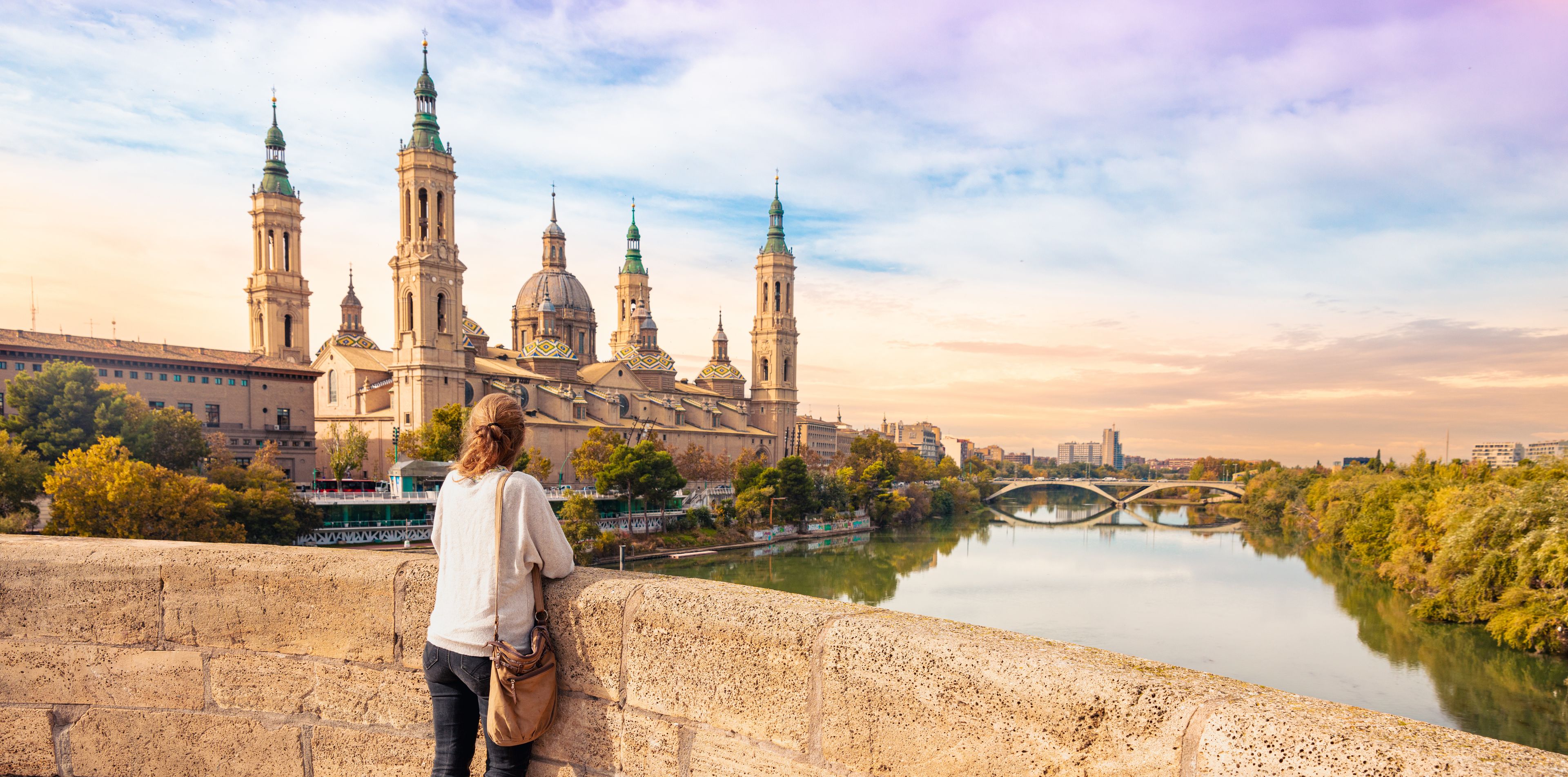 Woman tourist visiting Saragossa,  Aragon in Spain- Zaragoza