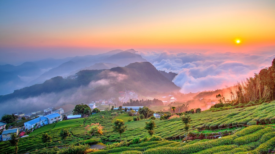 A sunrise over a mountainous landscape with terraced tea plantations and a village nestled in the valley.
