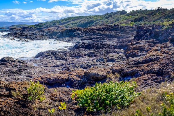 Panorama view from Bass Point Reserve across Pacific Ocean to Mystics Beach on Minnamurra and spit with Saddleback Mountain in distance, Shellharbour, New South Wales Australia