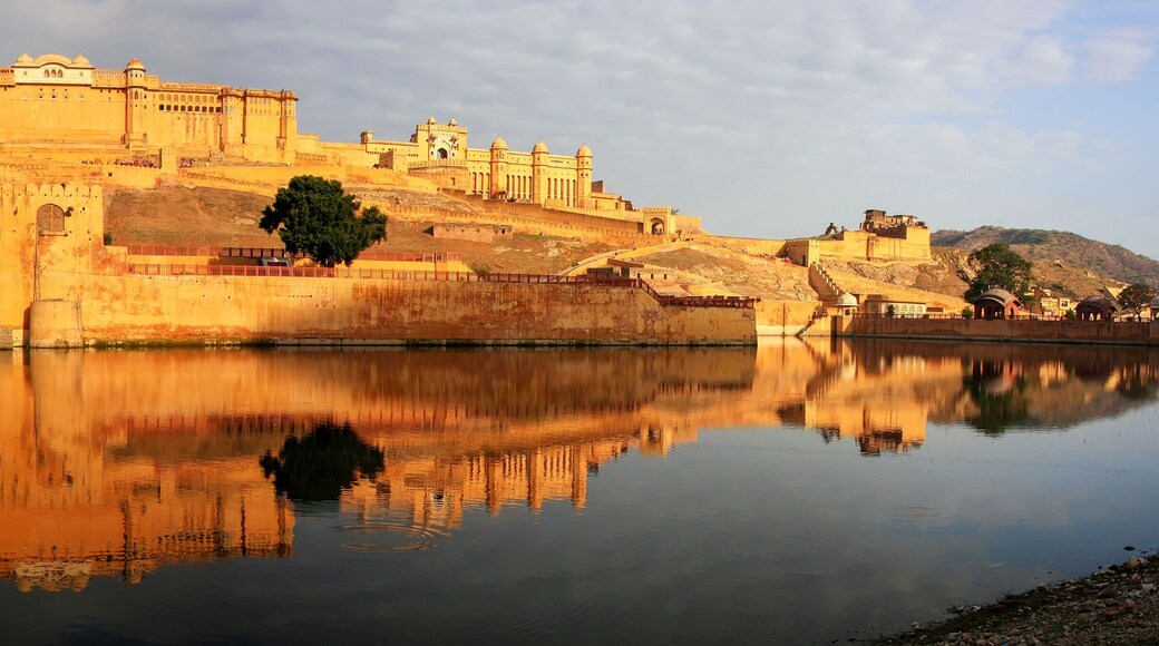 Panorama of Amber Fort reflected in Maota Lake near Jaipur, Raja
