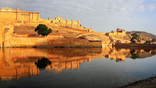 Panorama of Amber Fort reflected in Maota Lake near Jaipur, Raja