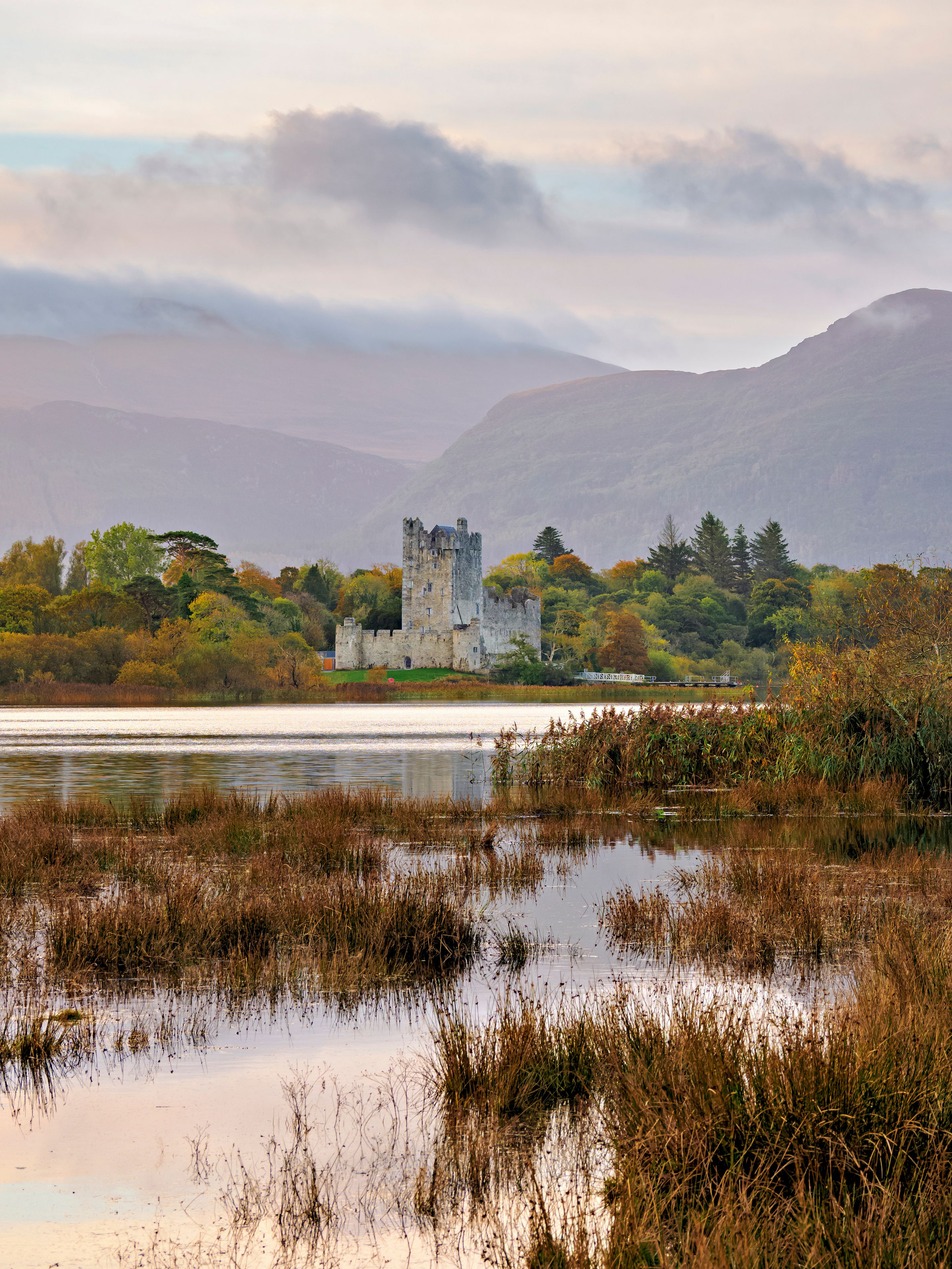 A historic castle surrounded by a lake and dense forest.