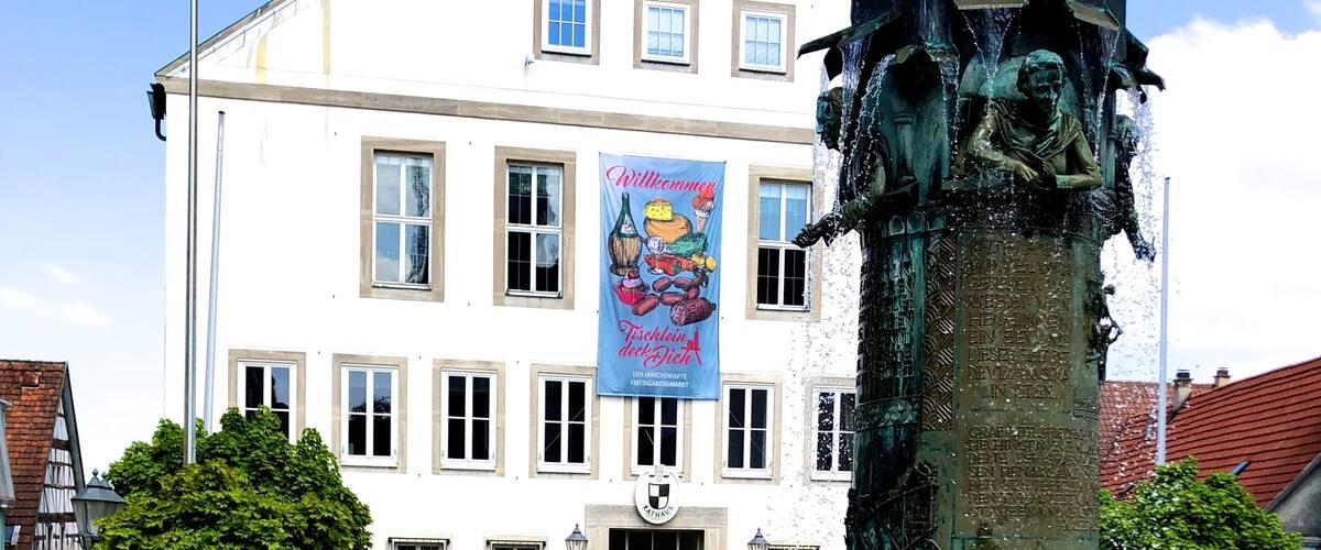 A historic building with a clock and a fountain in front.