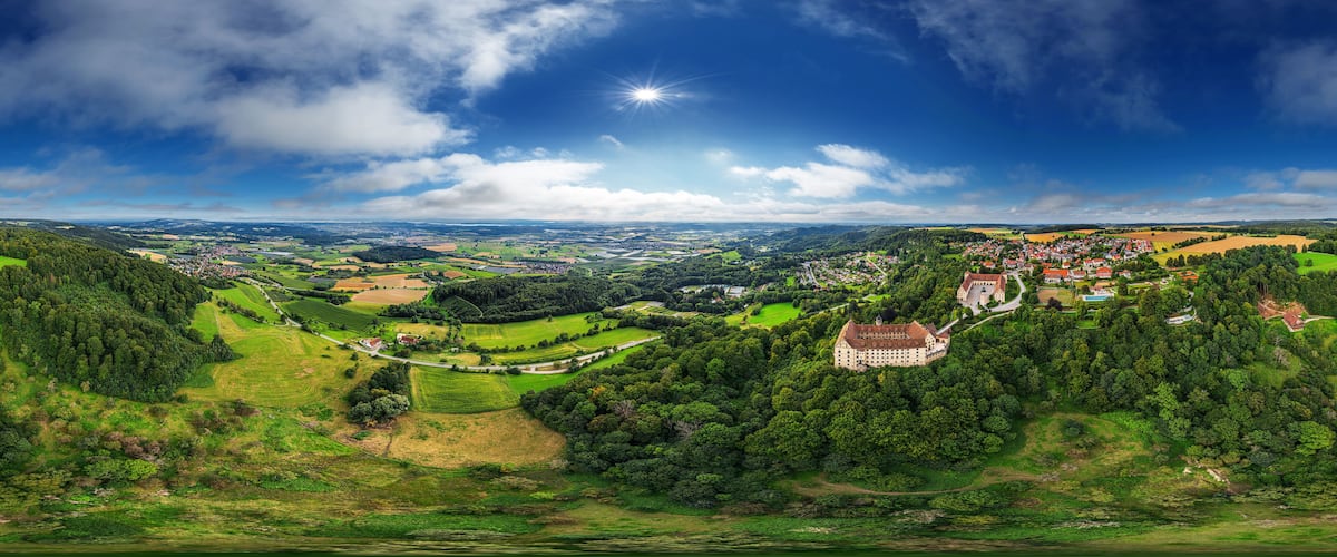 A panoramic view of a lush valley with a castle, rolling hills, and a clear blue sky.
