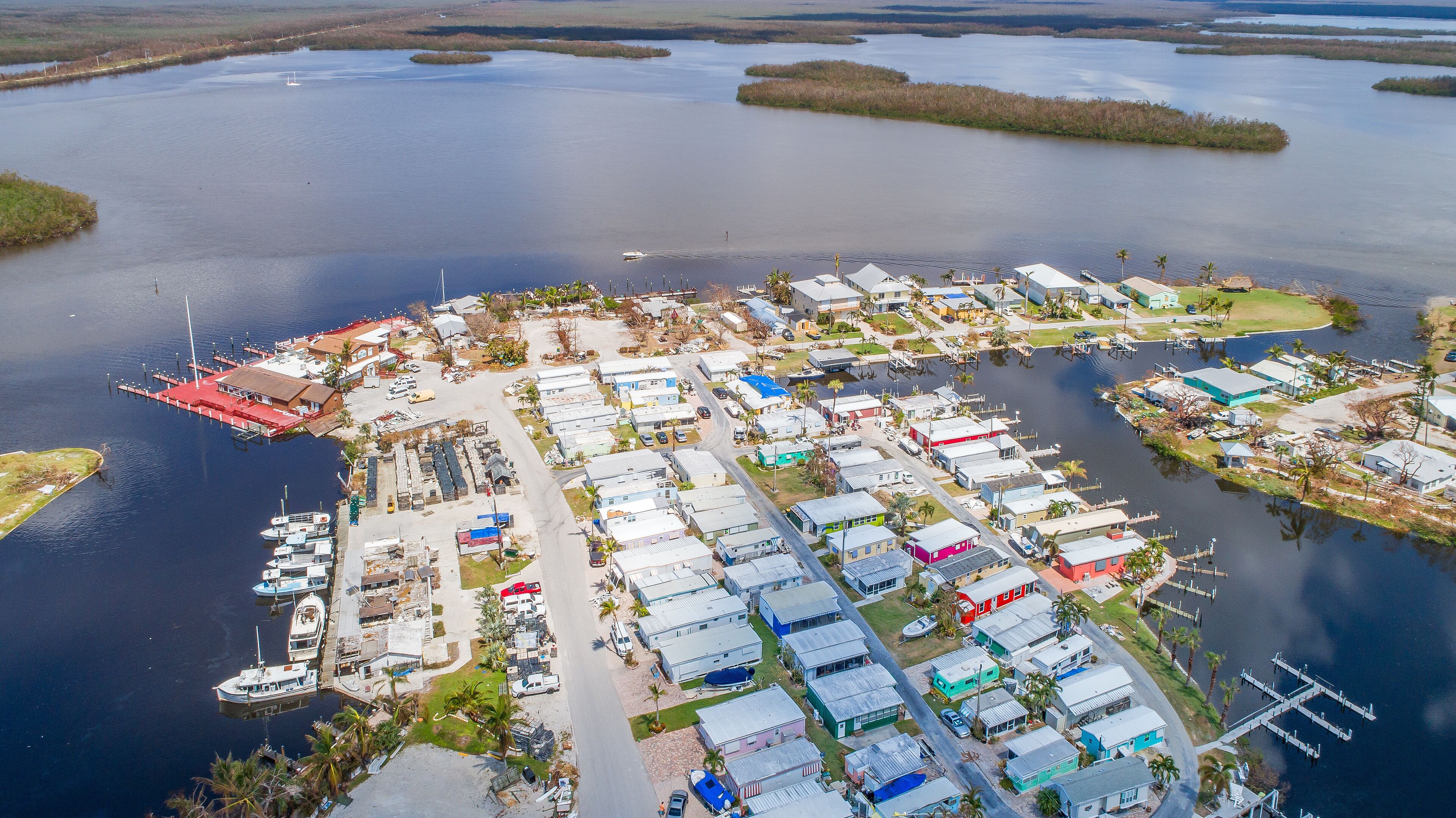 Aerial images of post hurricane Irma damage over Goodland, Florida. A small fishing village on the southwest coast near Naples