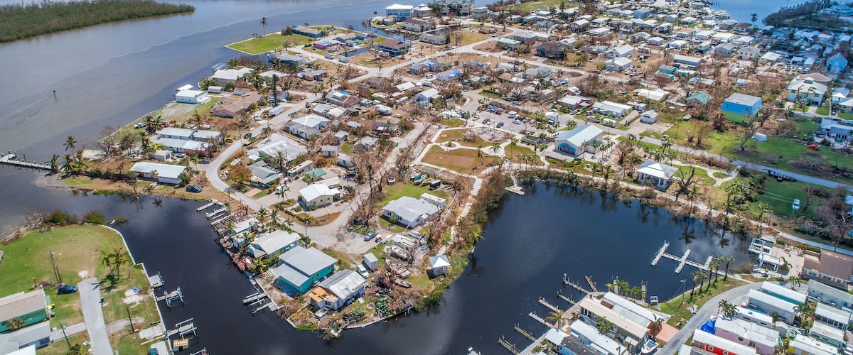 Aerial images of post hurricane Irma damage over Goodland, Florida. A small fishing village on the southwest coast near Naples