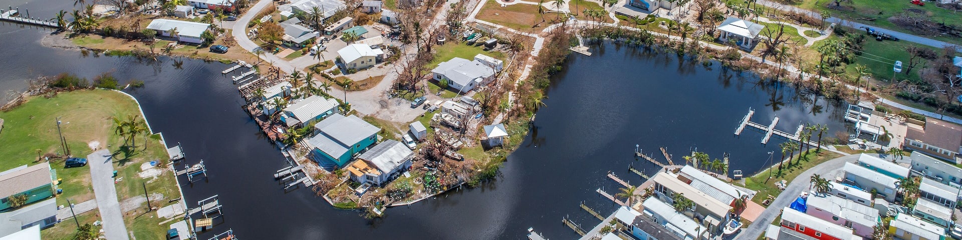Aerial images of post hurricane Irma damage over Goodland, Florida. A small fishing village on the southwest coast near Naples