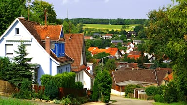 Uma aldeia rural com casas brancas e vermelhas, uma estrada sinuosa e campos verdes ao fundo.