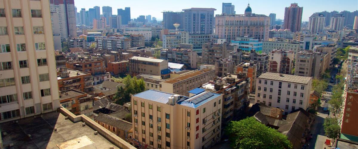 A densely packed urban area with a mix of high-rise and low-rise buildings, including a prominent building with a blue roof and red signage.