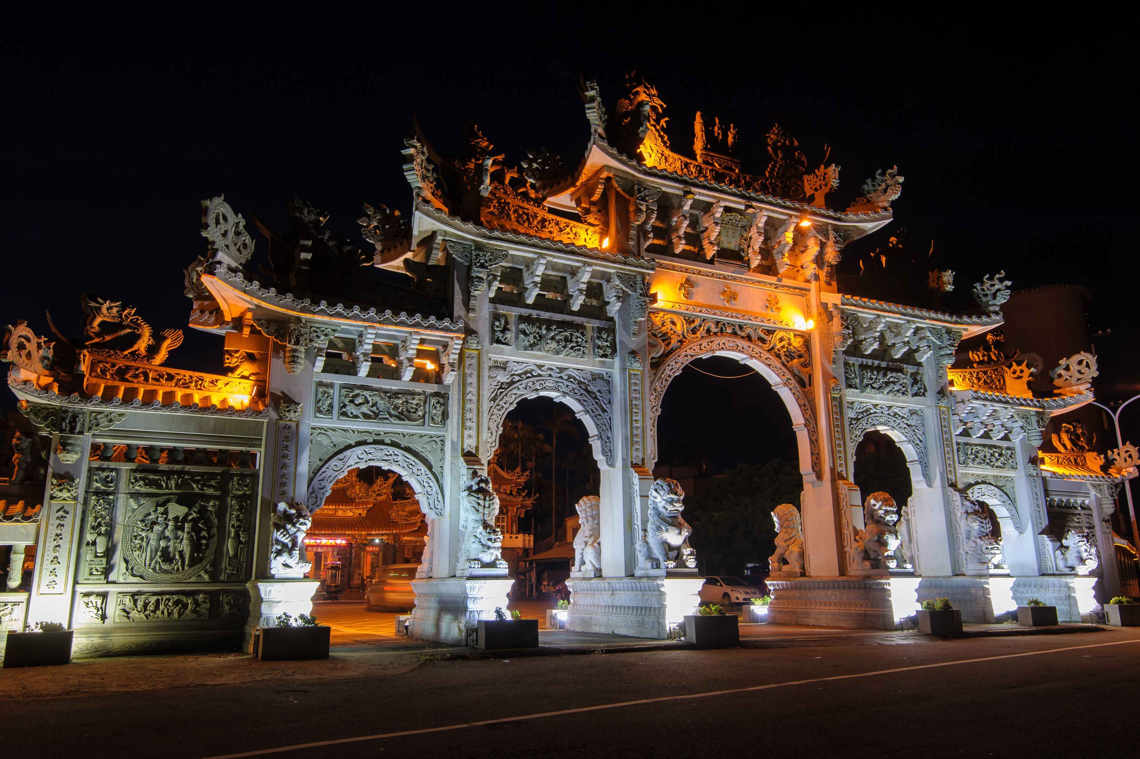 night view of a Front gate of a Chinese temple in Hsinchu, Taiwan
