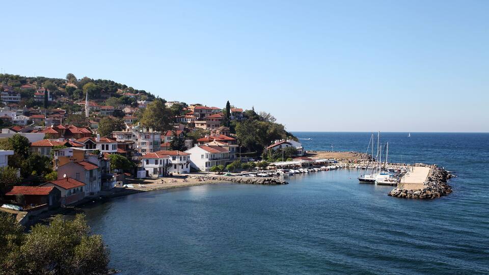 A coastal town with buildings along the waterfront, a pier, and boats docked at the marina.