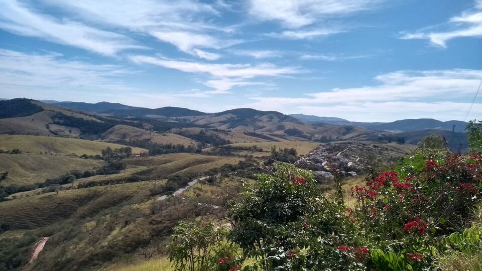 A valley with rolling hills, a small town, and red flowers in the foreground.