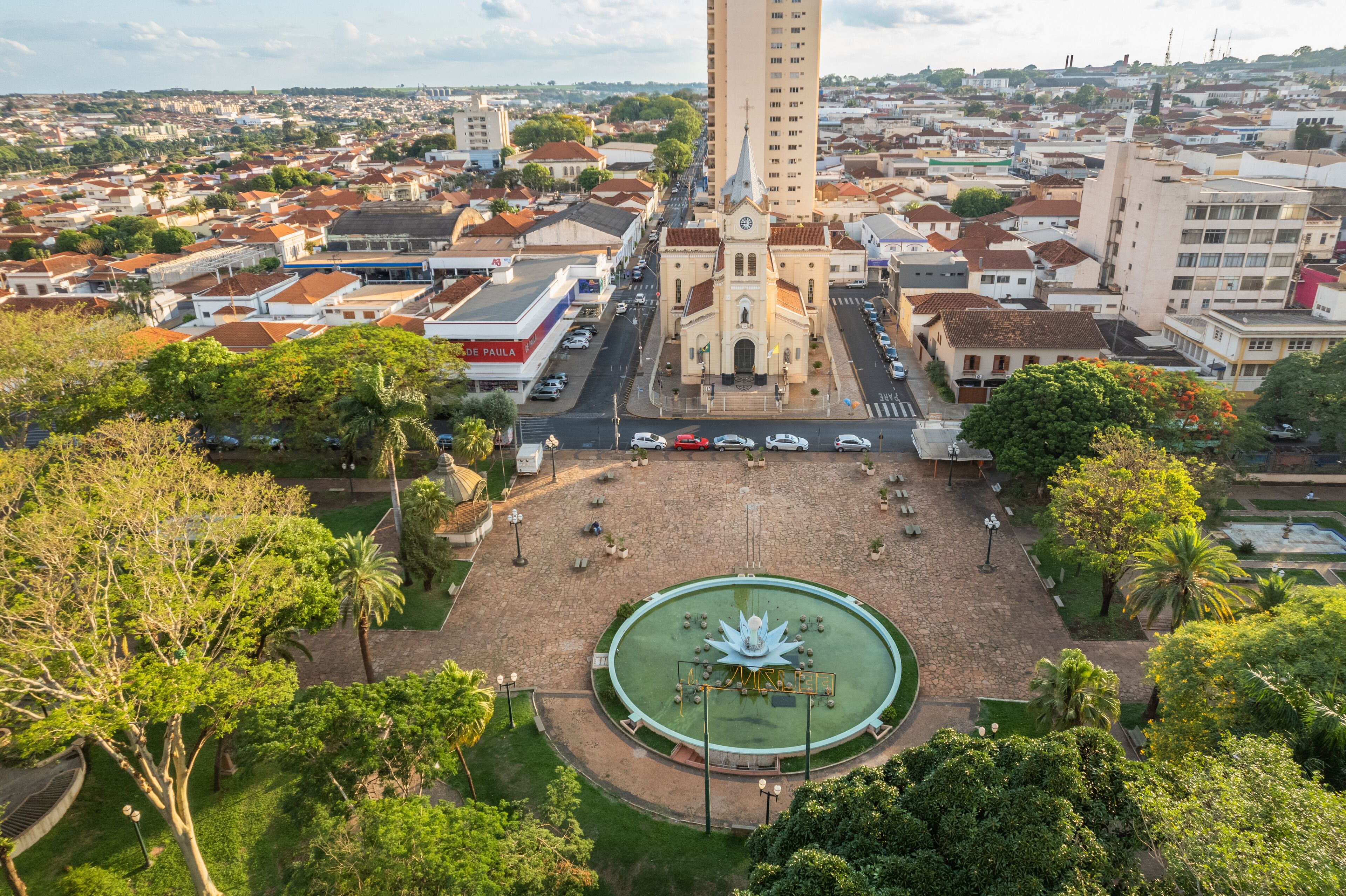 Jaboticabal, São Paulo/Brazil - Around October 2022: Nossa Senhora Carmo Main Church and main square Joaquim Batista de Jaboticabal.