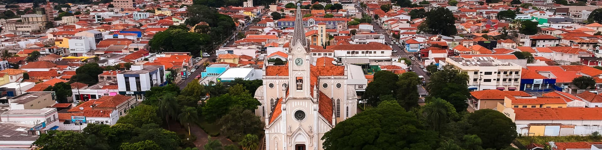 A cityscape with a prominent church featuring a clock tower, surrounded by red-roofed buildings and lush green trees.