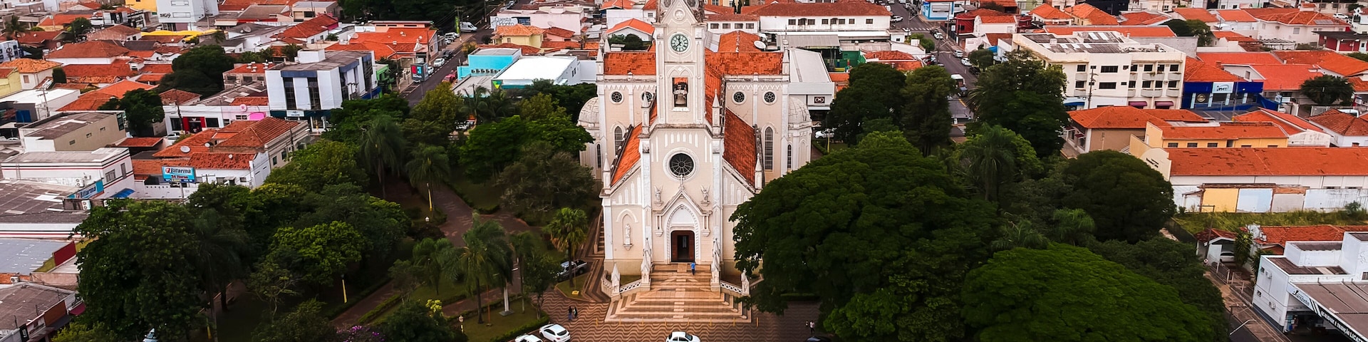 A cityscape with a prominent church featuring a clock tower, surrounded by red-roofed buildings and lush green trees.