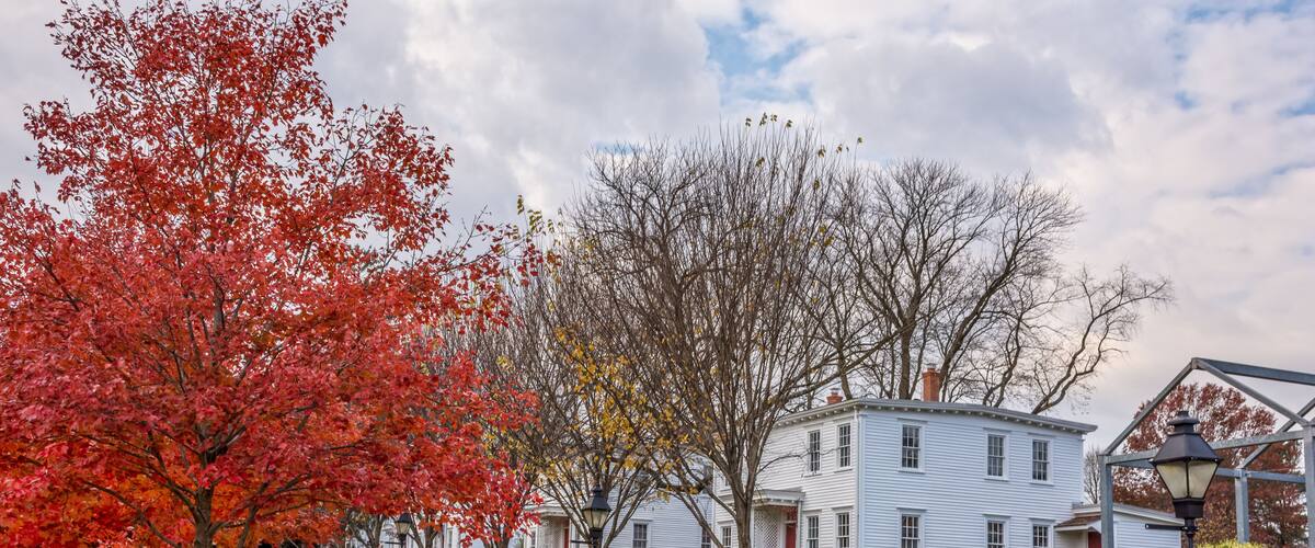 A residential street with autumn-colored trees, a white house, and a well-maintained lawn.