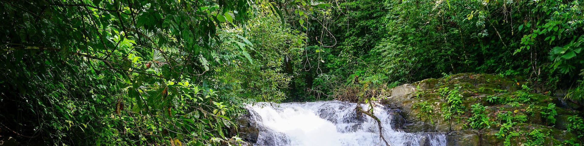 Woman bathing in a river by a waterfall. Costa Rica