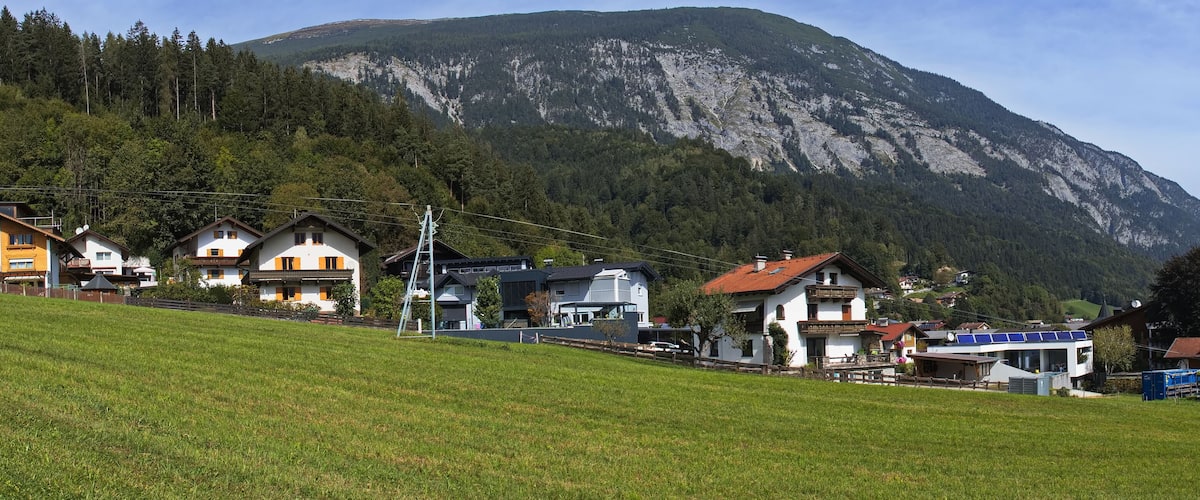 A hillside village with houses, a mountain, and a forest.