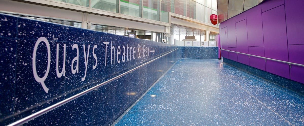 The Lowry Art and Entertainment showing theater scenes, modern architecture and interior views